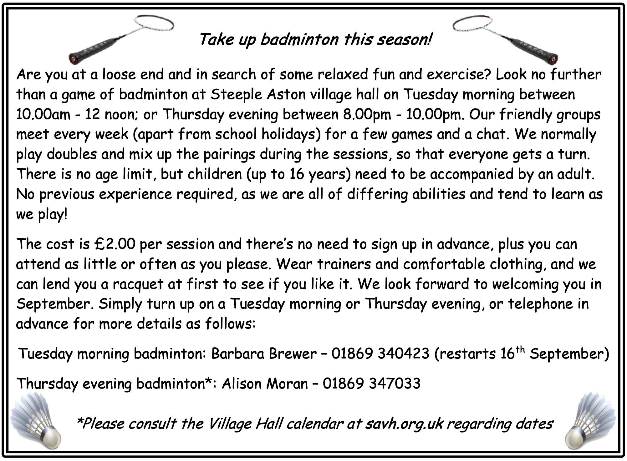 Ad for badminton in Village Hall